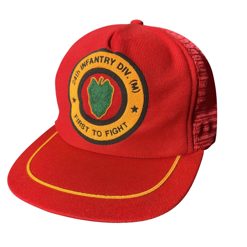 24th Infantry Division First To Fight Red USA Mesh Trucker Snapback Hat VTG